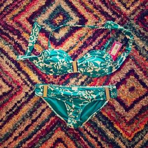 Teal and white bikini with gold broaches. W/ tags!